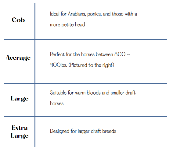KYAR product size guide. Cob: Ideal for Arabians, ponies, and those with a more petite head Average: Perfect for the horses between 800 - 1100lbs. Large: Suitable for warm bloods and smaller draft horses. XL: Designed for larger draft breeds